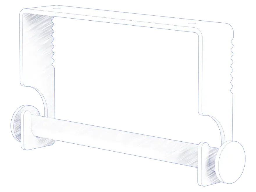 A drawing of tidytear toilet paper holder without the storage shelf
