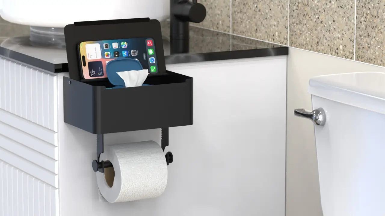 TidyTear toilet paper holder installed in a bathroom